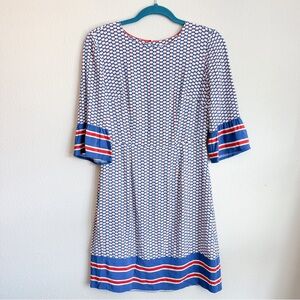 Boden Blue White & Red Geometric Floral Dress with 3/4 Length Sleeves | Size 4